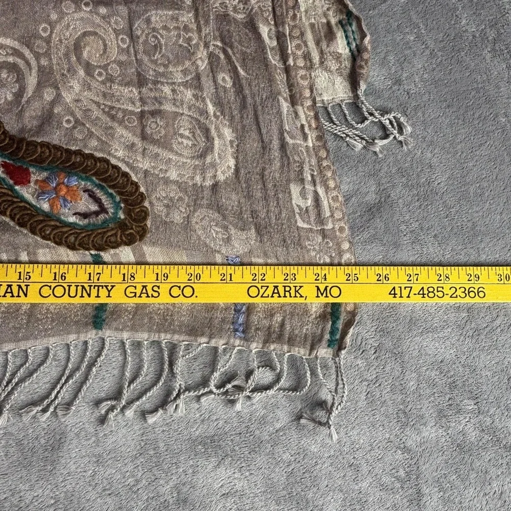 Pashmina Shawl Wrap Womens‎ Gray Paisley Embroidered Tassel Fringe Boho India